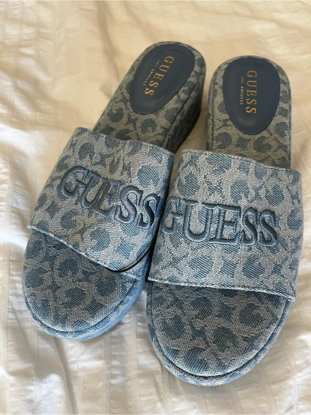 Guess Denim Logo Slide Sandals - Light Blue